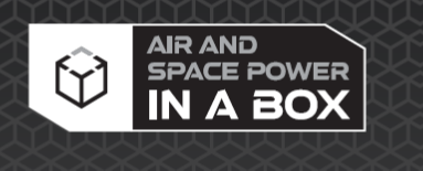 A Black and white rhomboidal hexagon with a cube and the wording Air and Space Power in a Box on a honey combe background 