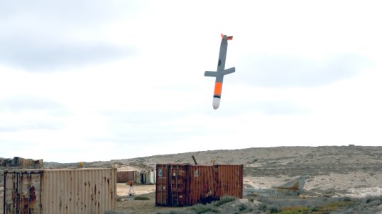 A Tomahawk Weapon System fired from HMAS Brisbane off the coast of San Diego, USA, moments before impacting it's target. Screenshot from video capture.