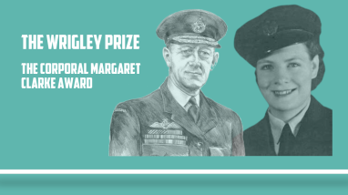 Green Background. Text saying Chief of Air Force Writing Awards, The Wrigley Prize, The Corporal Margaret Clarke Award. An image of both people pictured.