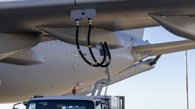 A Royal Australian Air Force KC-30A Multi-Role Tanker Transport aircraft is refuelled using Sustainable Aviation Fuel at RAAF Base Amberley, Queensland, prior to the commencement of Exercise Talisman Sabre 2025.