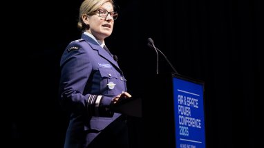 Commander of the Royal Canadian Air Force, Lieutenant-General Jamie Speiser-Blanchet delivers a speech at the Air and Space Power Conference 2026, Canberra.
