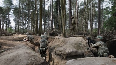 Armed Forces of Ukraine personnel clear a trench during the section commanders' battle course on Operation KUDU 26. Australian Defence Force personnel have served alongside personnel from Canada, New Zealand, Norway, Denmark, Finland, Sweden, Lithuania, the Netherlands and, most recently, Romania; providing expert instruction to more than 3,600 Armed Forces of Ukraine personnel in basic infantry tactics for urban and wooded environments.