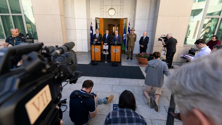 The Prime Minister of Australia The Hon Anthony Albanese MP and Deputy Prime Minister and Minister for Defence, the Hon Richard Marles MP, The Hon. Pat Conroy MP the Minister for Defence Industry, Minister for International Development and the Pacific, Chief of the Defence Force, General Angus Campbell AO, DSC, and The Department of Defence Secretary, Mr Greg Moriarty at Australian Parliament House, Canberra for the released the public version of the Defence Strategic Review