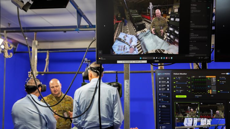 Air Commander Australia, Air Vice-Marshal Glen Braz, AM, CSC, DSM (right) and Air Command Warrant Officer, Warrant Officer Stephen Weaver, AM in the Health Operational Conversion Unit's new 'Blue Room' virtual trainer at RAAF Base Amberley by FLTLT Ben James.