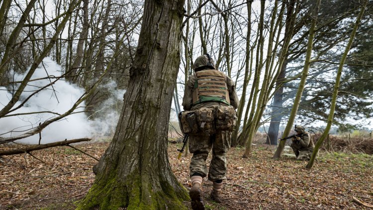 Armed Forces of Ukraine personnel perform an assault, as part of the Section Commander Battle Course delivered by Australian Army soldiers deployed on Operation Kudu in the United Kingdom, March 2024.