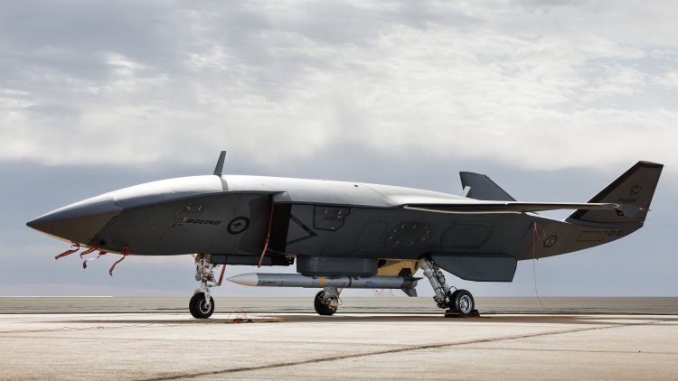 An MQ-28A Ghost Bat loaded with an AIM-120 Advanced Medium Range Air-to-Air Missile during Trial Kareela at RAAF Base Woomera, South Australia.