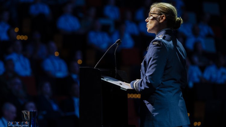 Commander of the Royal Canadian Air Force, Lieutenant-General Jamie Speiser-Blanchet delivers a speech at the Air and Space Power Conference 2026, Canberra.