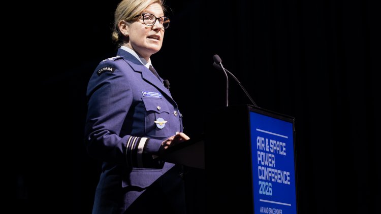 Commander of the Royal Canadian Air Force, Lieutenant-General Jamie Speiser-Blanchet delivers a speech at the Air and Space Power Conference 2026, Canberra.